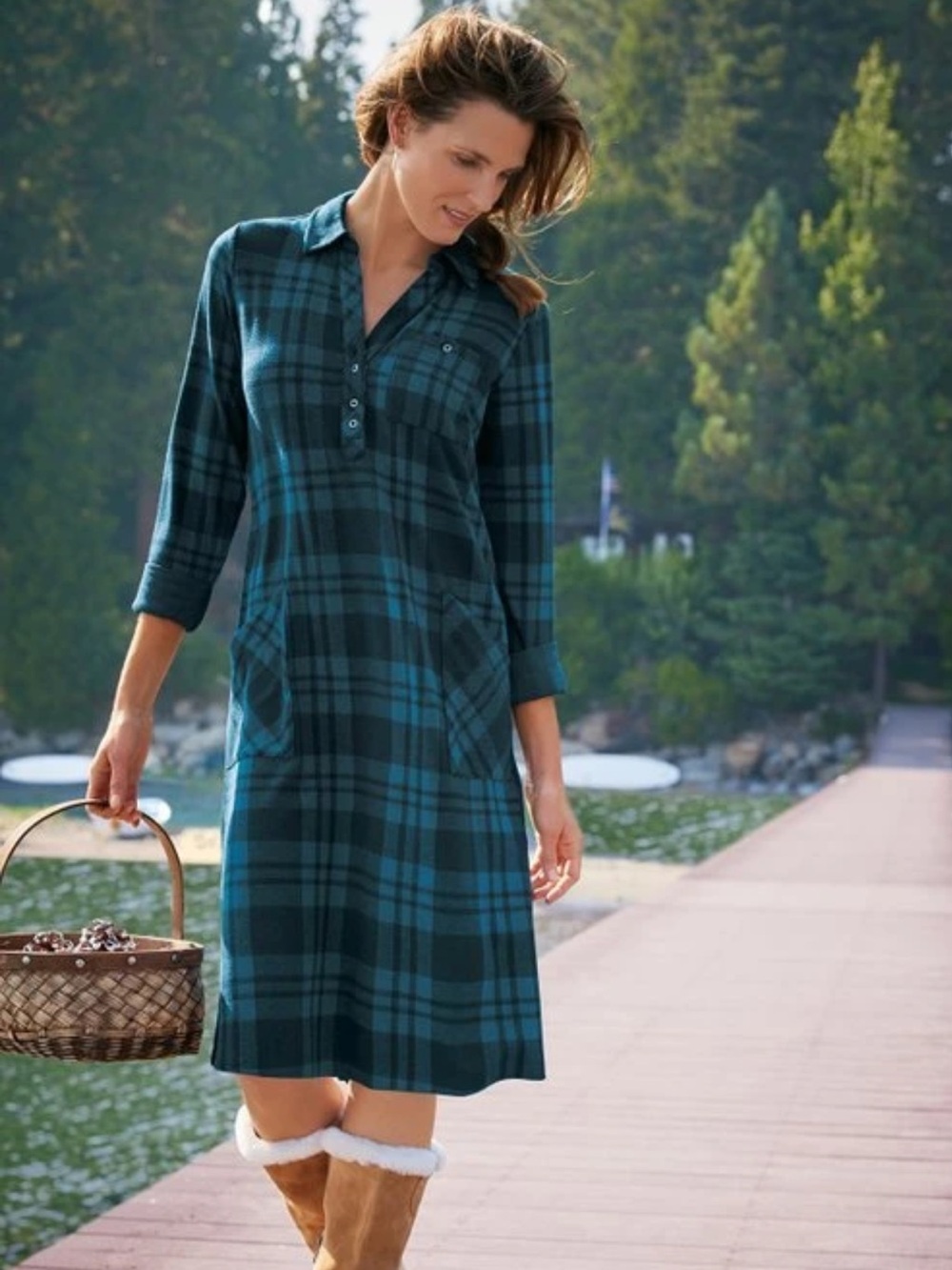 NWOT Soft Surroundings Paramount Plaid Dress Blue Size L MSRP $119